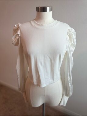 Revamped White Ribbed Long Sleeve Top with Puff Shoulders